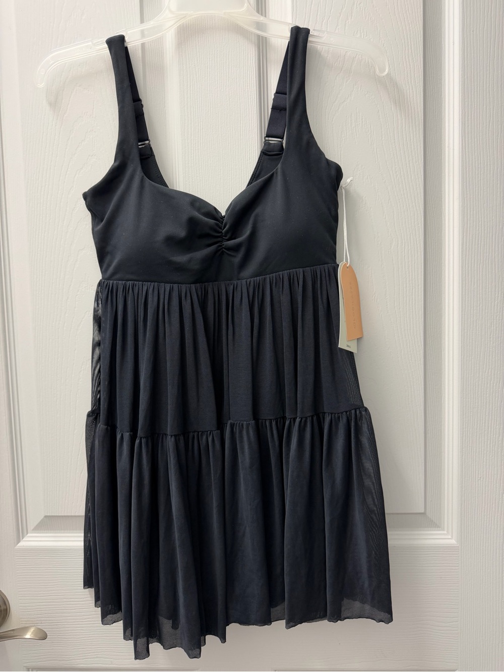 Sleeveless Black Tiered Mini Dress with Ruched Bodice